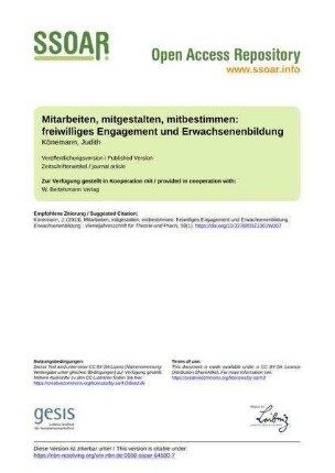 Mitarbeiten, mitgestalten, mitbestimmen: freiwilliges Engagement und Erwachsenenbildung