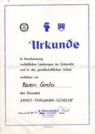Urkunde zur Verleihung des Ehrentitels "Ernst-Thälmann-Schüler"