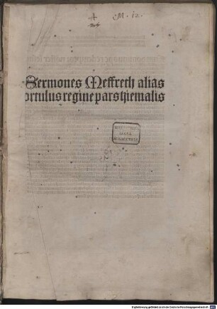 Sermones Meffreth alias ortulus regine, Pars hiemalis. Hiemalis