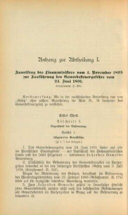 Anhang zur Abtheilung I. Anweisung des Finanzministers vom 4. November 1895 zur Ausführung des Gewerbesteuergesetzes vom 24. Juni 1891