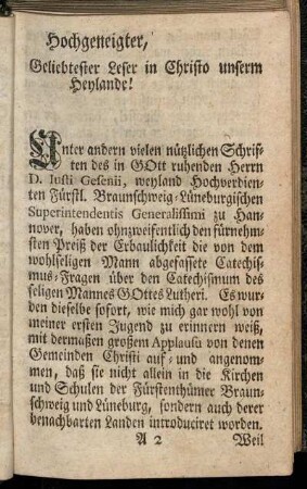 Hochgeneigter, Geliebtester Leser in Christo unserm Heylande!
