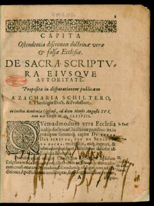 Capita Ostendentia discrimen doctrinae verae et falsae Ecclesiae. De Sacra Scriptura Eiusque Autoritate.