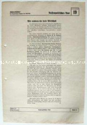Informationsblatt der NSDAP-Gauleitung Sachsen (Rassenpolitisches Amt) u.a. zur Wirtschaftspolitik