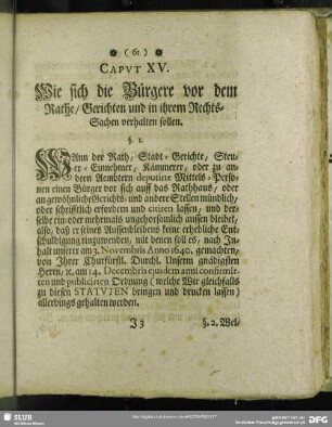 Caput XV. Wie sich die Bürgere vor dem Rathe, Gerichten und in ihrem Rechts-Sachen verhalten sollen