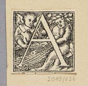 Buchstabe A mit zwei angelnden Kindern, Initiale zu einem römischen Majuskel-Alphabet