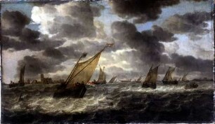 Die Mündung der Maas mit Segelbooten und Ruderkahn, im Hintergrund Dordrecht