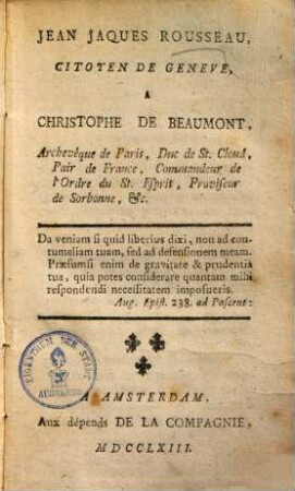 Lettres Diverses De Jean Jaques Rousseau, Citoyen De Geneve