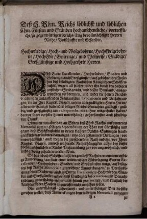 Deß H. Röm. Reichs löblichst und löblichen Chur-Fürsten und Ständen hochansehentliche/ vortreffliche/ zu gegenwärtigen Reichs-Tag bevollmächtigte Herren Räthe/ Botschaffte und Gesandte ...