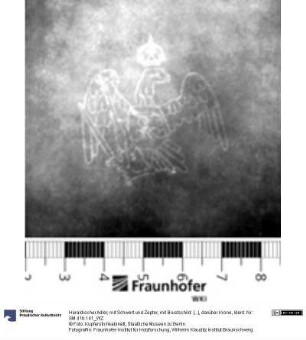 Heraldischer Adler, mit Schwert und Zepter, mit Brustschild: [...], darüber Krone