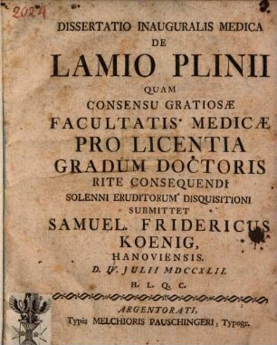 Diss. inaug. med. de lamio Plinii : cum tab. aen.