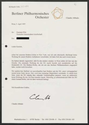 Brief an Karsten Witt an Deutsche Grammophon-Gesellschaft, 05.04.1997