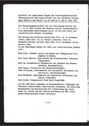Protokoll der gemeinsamen Tagung der Forschungsgemeinschaft "Sozialistische Familienerziehung" und der zentralen Vereinigung "Familie und Schule" in der DDR am 7. und 8. Juni 1967
