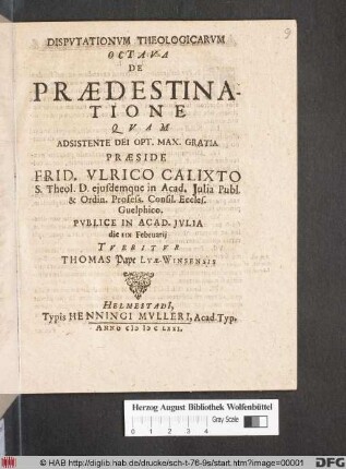 Disputationum Theologicarum Octava De Praedestinatione