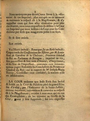 Extrait Des Registres Du Parlement, Qui condamne un Imprimé qui a pour titre: Remarques, &c. à être lacéré & brûlé par l'Exécuteur de la Haute Justice : Du 24 Avril mil sept cent soixante-deux