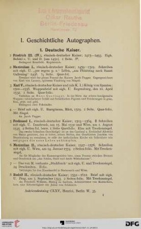 I. Geschichtliche Autographen (Nr. 1-417)