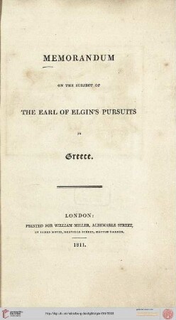 Memorandum on the subject of the Earl of Elgin's pursuits in Greece