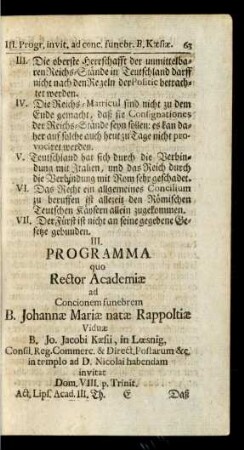 III. Programma quo Rector Academiae ad Concionem funebrem B. Johanne Mariae natae Rappoltiae Viduae B. Jo. Jacobi Kaesii, in Loesnig, ...