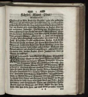 Kayserl. Müntz-Edict/ de anno 1676
