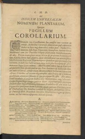 C. M. D. Ad Indicem Universalem Nominum Plantarum, Eiusque Pugillum Corollarium
