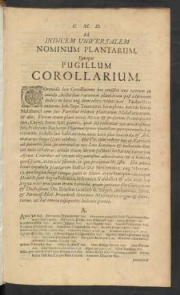 C. M. D. Ad Indicem Universalem Nominum Plantarum, Eiusque Pugillum Corollarium