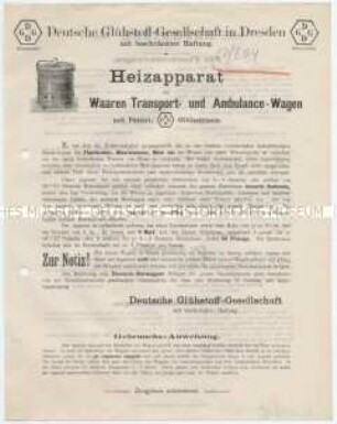 Heizapparat für Waaren-Transport- und Ambulance-Wagen mit Patent-Glühsteinen