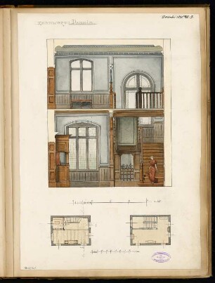 Treppenhaus Monatskonkurrenz Dezember 1891: Grundriss Erdgeschoss, Obergeschoss 1:100; Aufriss Innenwand der Diele 1:25; 2 Maßstabsleisten