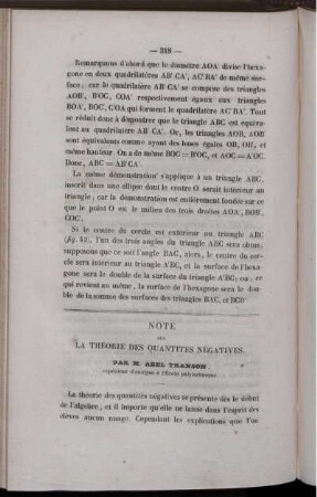 Note sur la Théorie des quantites négatives