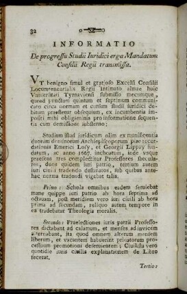 Informatio De progressu Studii Iuridici erga Mandatum Consilii Regii transmissa.