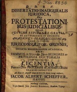 Dissertatio Inauguralis Iuridica, De Protestationibus Iudicialibus