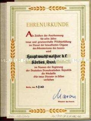 Ehrenurkunde zur Medaille "Für treue Dienste" in Silber