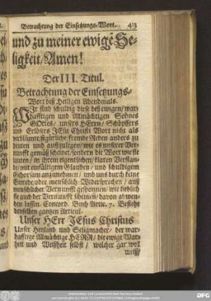 Der III. Titul. Betrachtung der Einsetzungs-Wort deß Heiligen Abendmals.