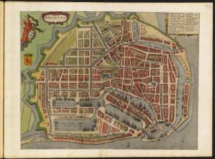 Stadtplan von Enkhuizen, Niederlande , 1:3 000, kolorierter Kupferstich, um 1657 : Enchusa - [Ca. 1:3.000] /[Amsterdam] : [Ioannes Ianssonius], [1657]. - 1 Vogelschaukarte : 1 Kupferst. ; 50,0 x 38,7 cm. - Mit 1 Wappen. - Mit Gebäudeverz. - Titel links. - Vermutl. aus: Theatrum Urbium Celebriorum totius Belgii Sive Germaniae Inferioris [Theatrum / 4] / Jansson, Jan. - Amstelodami//Amsterdam : Ioannes Ianssonius, 1657