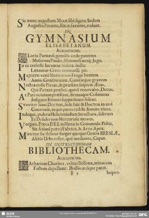 In Instructissimam Bibliothecam. Acrostichis