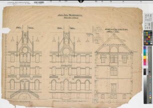Hiltrup (Münster) Herz Jesu Missionshaus Giebelansichten, Schnitt durch den linken Flügel 1896 1 : 50 71 x 98 Zeichnung Franz Wucherpfennig, Architekt Nachlaß Wucherpfennig