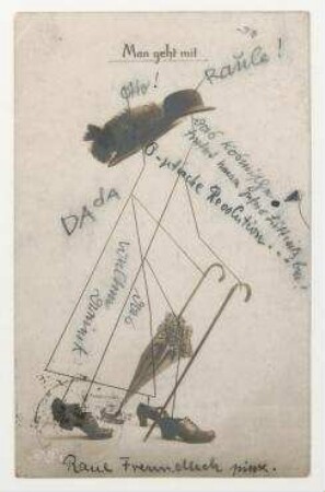 Postkarte von Erwin Piscator [und George Grosz] an Raoul Hausmann mit Abbildung: "Man geht mit". Berlin