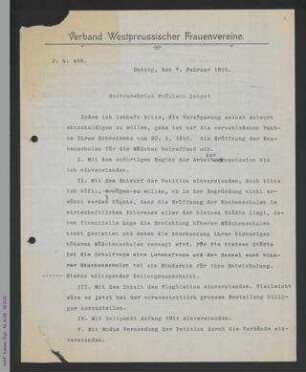 Antwortschreiben von Marie Wegner auf Rundschreiben von Helene Lange an die Mitglieder der Kommission für die Massenpetition zur Zulassung von Mädchen an höheren Knabenschulen