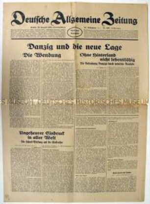 Tageszeitung "Deutsche Allgemeine Zeitung" zur Lage in Danzig eine Woche vor Beginn des 2. Weltkrieges
