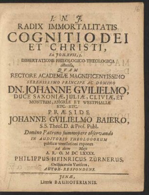 Radix Immortalitatis Cognitio Dei Et Christi : Ex Joh. XVII,3. Dissertatione Philologico-Theologica ostensa
