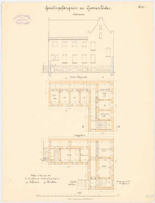 Gerichtsgefängnis, Großenlüder: Grundriss Erdgeschoss, 1. Obergeschoss, Aufriss Südostansicht 1:100