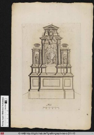Entwurf für einen Altar nach der Architektur mit der Darstellung der Himmelfahrt Christi in einer Säuleneinfassung, flankiert von zwei Engeln, darüber zwei Putti mit Palmwedeln.