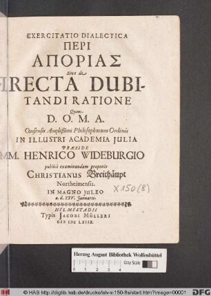 Exercitatio Dialectica Peri Aporias Sive de Recta Dubitandi Ratione