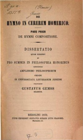 De hymno in Cererem Homerico : pars prior de hymni compositione