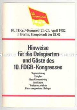 Broschüre mit Hinweisen für Delegierte des 10. FDGB-Kongresses