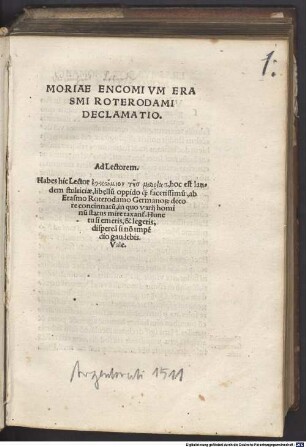 Moriae Encomivm Erasmi Roterodami Declamatio