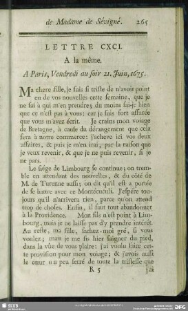 Lettre CXCI. A la même. A Paris, Vendredi au soir 21. Juin, 1675