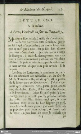 Lettre CXCI. A la même. A Paris, Vendredi au soir 21. Juin, 1675