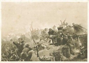 Das 7. französische Linieninfanterie-Regiment erstürmt am 08.09.1855 die Malakoff-Schanze Sewastopols, Gefechtsszene Mann gegen Mann, franz. Hauptmann Pagès findet dabei den Tod