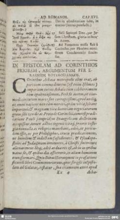 In Epistolam Ad Corinthios Priorem, Argumentum Per Erasmum Roterodamum