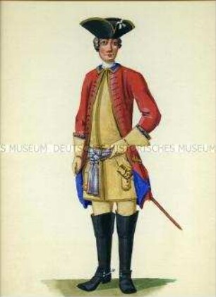 Uniformdarstellung, Offizier vom Dragoner-Regiment von Arnstädt, Sachsen, 1730.