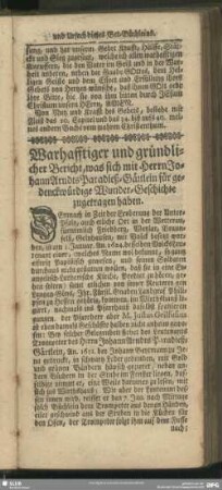 Warhafftiger und gründlicher Bericht, was sich mit Herrn Johann Arndts Paradieß-Gärtlein für gedenckwürdige Wunder-Geschichte zugetragen haben